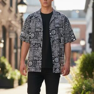 NWT Folk Black White Abstract Print Machu Short‎ Sleeve Button Down Shirt Sz M